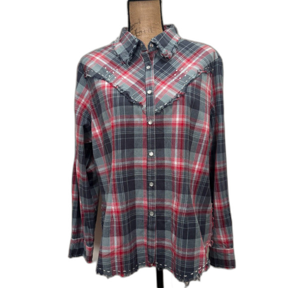 Gordon & James Mustang Oasis Western Shirt Embellished Red Gray Plaid Size XL - Picture 1 of 5